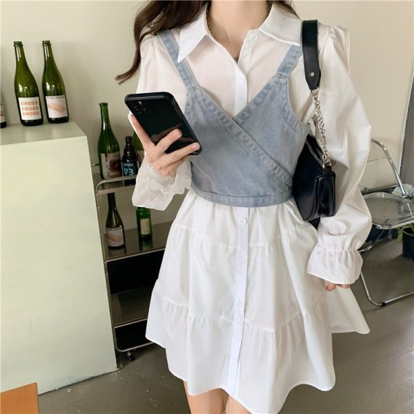 2-Piece-Dress-Set-Women-Casual-2021-Autumn-Sweet-Elegant-Mini-Shirt-Dress-Jean-Vest-Korean-1