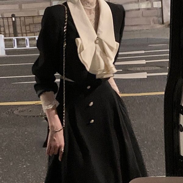 Women Black Midi Korean Dress Crop Top Short Coats + Skirt 2023 Autumn Fashion Outfits Trends