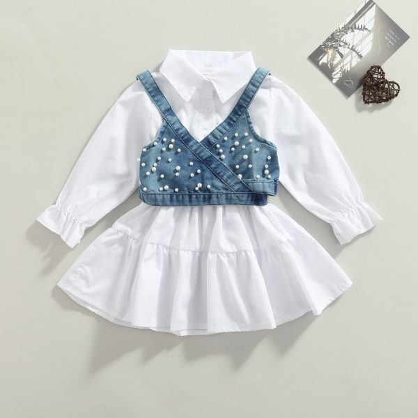 2022-Fashion-Children-Baby-Girl-Clothes-Solid-Color-Long-Sleeve-Shirt-Dress-Denim-Beading-Vest-2Pcs-1