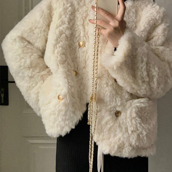 Women Button Chic Elegant Lambswool Faux Fur Jackets 2023 Spring Fashion Outfits