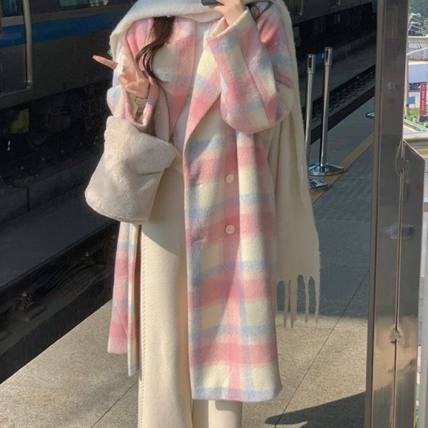 Women Winter Rainbow Woolen Overcoat Casual Plaid