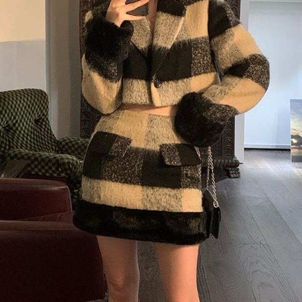 2023-Spring-Faux-Fur-Plaid-Blazer-Suits-Women-Casual-Y2k-Crop-Top-Mini-Skirt-Office-Lady-1