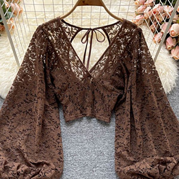 Women Black/White/Brown Sexy Lace Blouse 2023 Summer Fashion Outfits