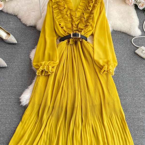 Autumn-Vintage-Women-Pleated-Long-Dress-Red-Purple-Yellow-V-Neck-Ruffle-Puff-Sleeve-Draped-A-1