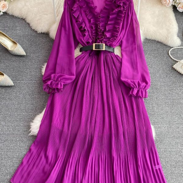 Women Pleated Red/Purple/Yellow Maxi Dress 2023 Summer Fashion Outfits