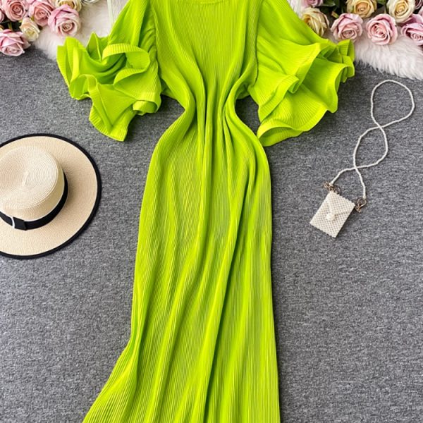 Casual-Round-Neck-Flare-Short-Sleeve-Pleated-Long-Dress-Vintage-High-Waist-Ruffles-Female-Vestidos-New-1