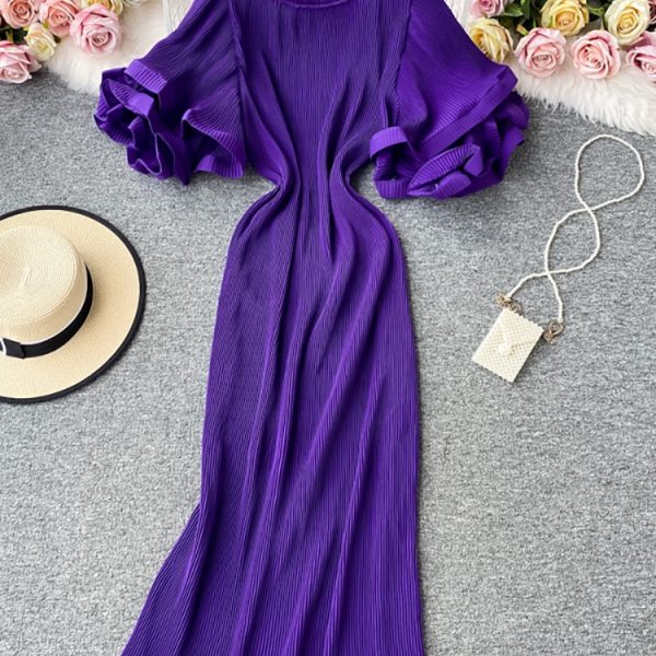 Women Casual Round Neck Flare Short Sleeve Pleated Maxi Dress 2023 Summer Fashion Outfits