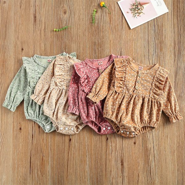 Cute Baby Corduroy Floral Print Long Sleeve Romper Jumpsuit