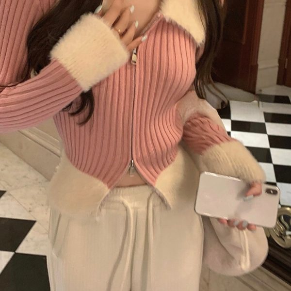 Faux Fur Knitted Sweater Women Design Slim Elegant Zipper Pullover Office Lady Casual Y2k Crop Tops Korean Fashion 2022 Winter