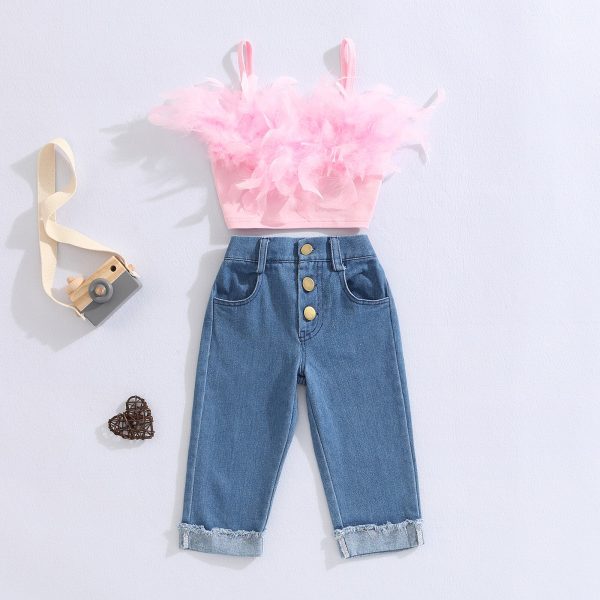 Girls-Summer-Clothing-Outfit-Sets-Fashion-Kid-Children-Pink-Sleeveless-Feather-Camisole-Denim-Pants-with-Pockets-1