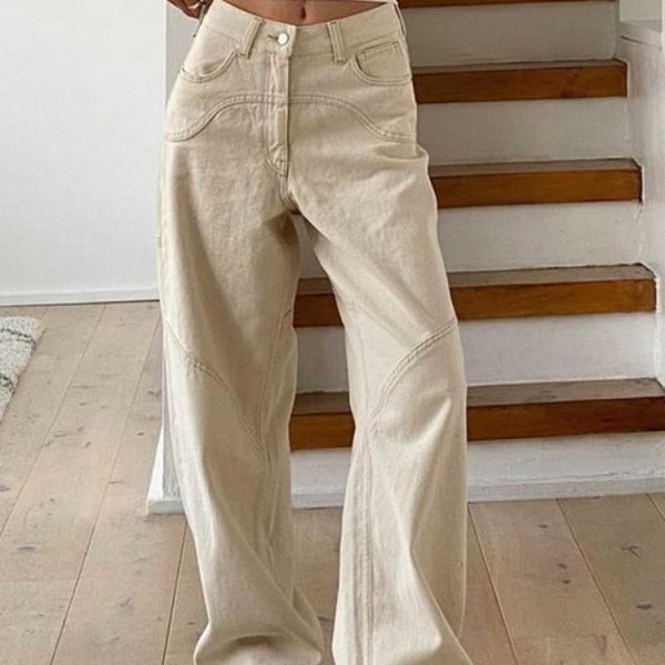 Beige Jeans Baggy Women Casual Denim Trousers Vintage High Waist Wide Leg Pant