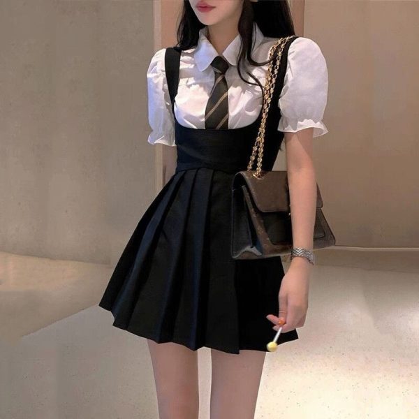 Girls Black Pleated Mini Dress Women Kawaii Vintage Preppy Style High Waist Sleeveless Strap Dress