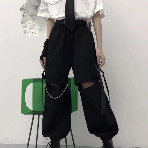 Gothic Streetwear Women's Cargo Pants with Chain Punk Techwear Black Oversize Korean Fashion Wide Leg Trousers