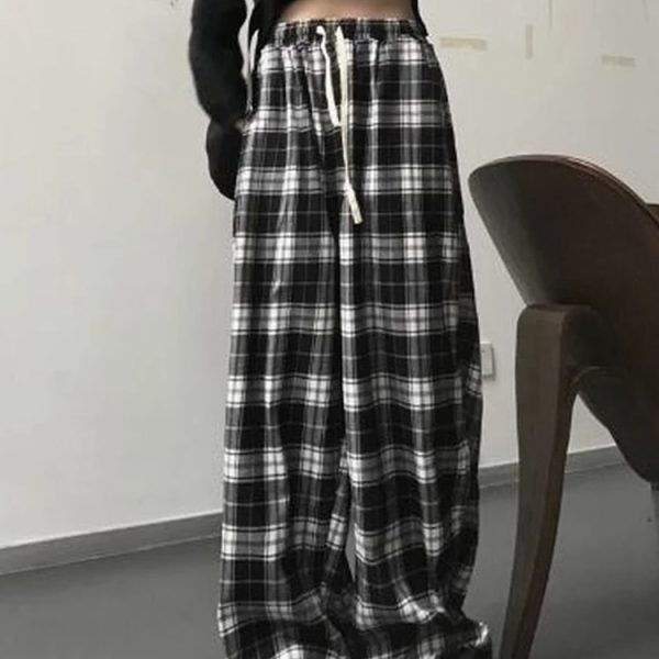 Harajuku Oversize Plaid Pants Women Korean Fashion Black White Checked Trousers