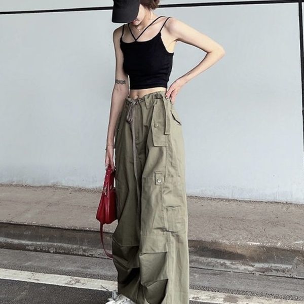 HOUZHOU-Hip-Hop-Retro-Green-Cargo-Pants-Women-Y2K-Harajuku-Oversize-Wide-Leg-Black-Parachute-Trousers-1