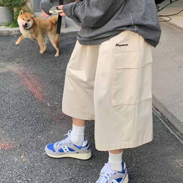 Japanese Streetwear Beige Cargo Capri Pants Women Harajuku Hippie Pockets Oversize Wide Leg Trousers