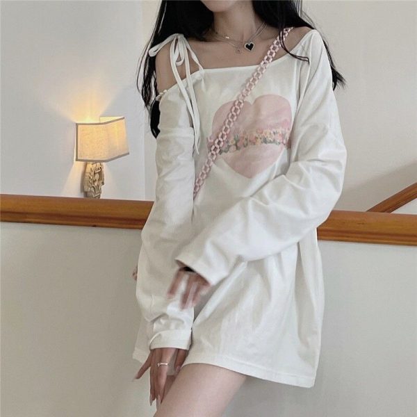 Girls Kawaii T-Shirt Women Japanese Sweet Off Shoulder Lace Up Long Sleeve Graphic T Shirts