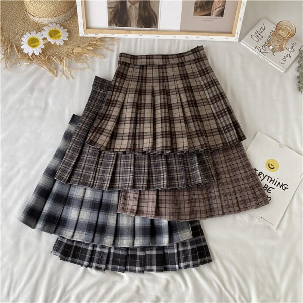 HOUZHOU-Vintage-Plaid-Skirt-Women-Kawaii-High-Waist-A-line-Pleated-Mini-Skirts-for-Girls-Autumn-1