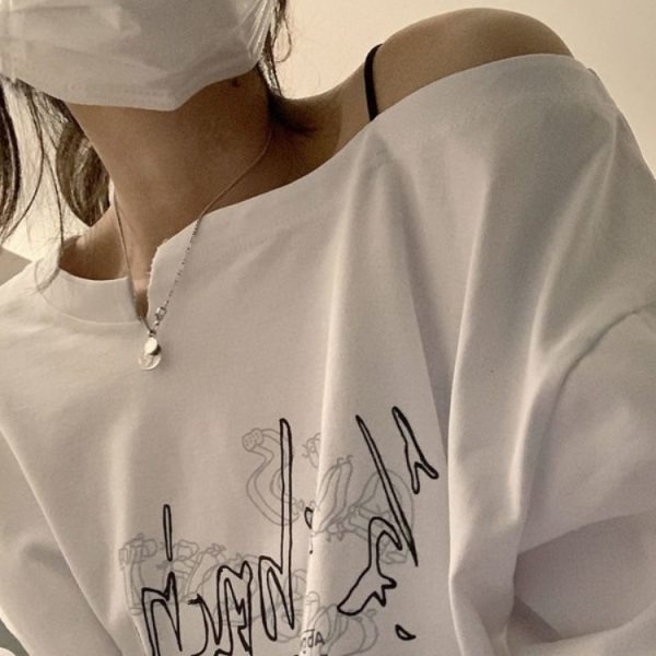 White Tshirts Women Long Sleeve Y2k Top Korean Fashion Graphic Off Shoulder Oversize Tee