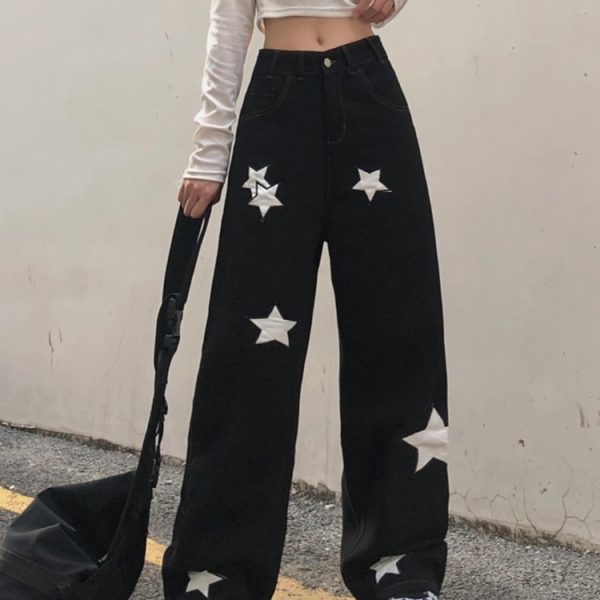 HOUZHOU-Y2K-Retro-Streetwear-Black-Cargo-Jeans-Women-Gothic-Punk-Vintage-Kpop-Print-Wide-Leg-Denim-1