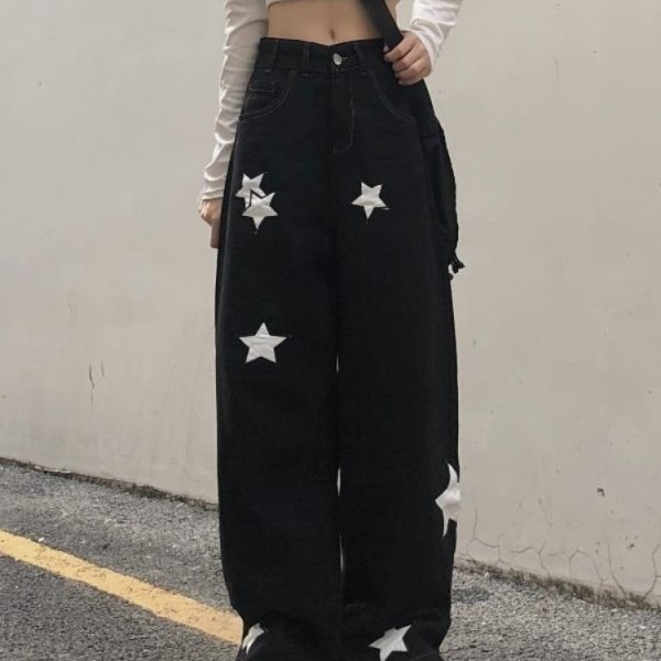 Retro Streetwear Black Cargo Jeans Women Gothic Punk Vintage Kpop Print Wide Leg Denim Pants