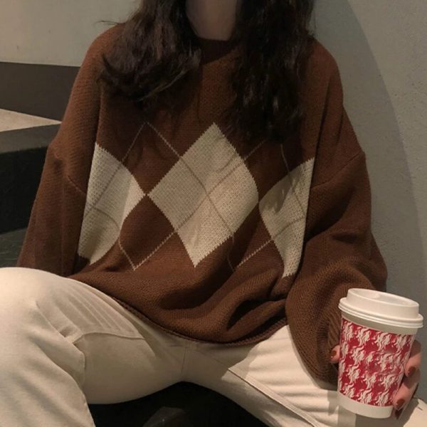 Women Knitted Sweater Women Oversized Argyle Sweater