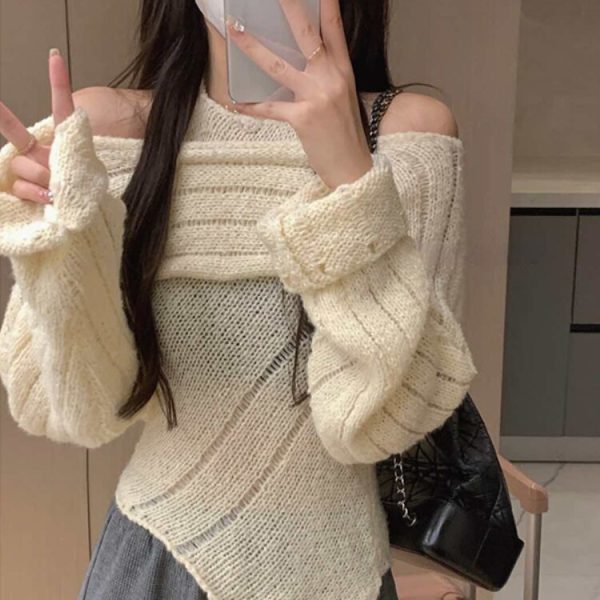 Women Pure Color Elegant Blouse Knitted Sweater 2 Pcs