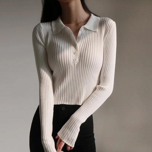 Women Korean Buttons Cropped Knitted Polo Shirt Sweater 2023 Spring Fashion Outfits