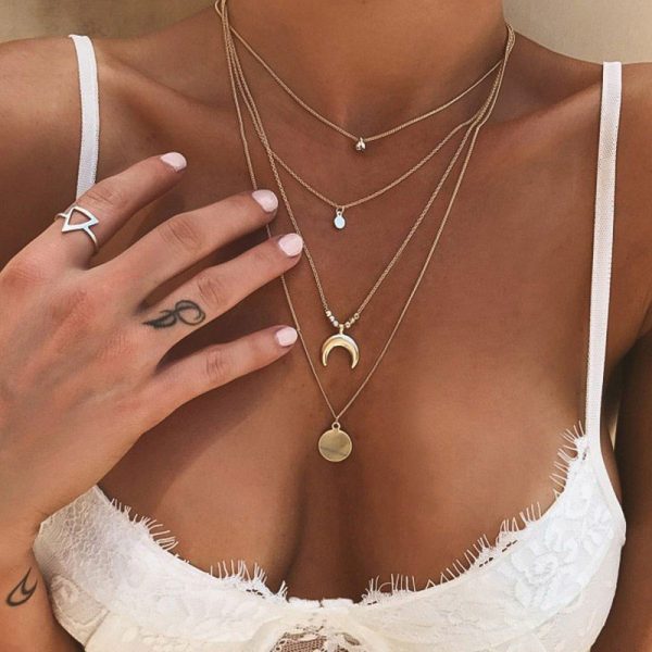 Gold color Choker Necklace for women Multilayer Long moon Tassel Pendant Chain Necklaces & Pendants chokers Fashion Jewelry