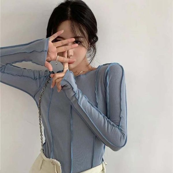 Long-Sleeve-T-shirts-Women-Spring-Solid-O-Neck-Elegant-Bright-Line-Decoration-Slim-Casual-Soft-1