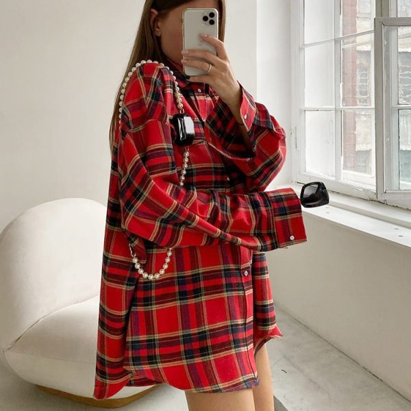 Women Bright Gingham Oversized Blouses 2023 Autumn Fashion Outfits Trends