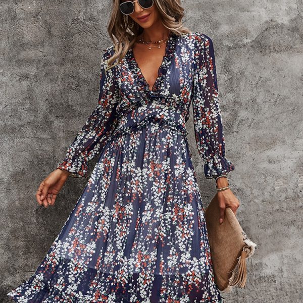 Sexy V Neck Floral Dress Ladies Butterfly Sleeve High Waist Casual Print Dresses For Women Summer Chiffon Dress