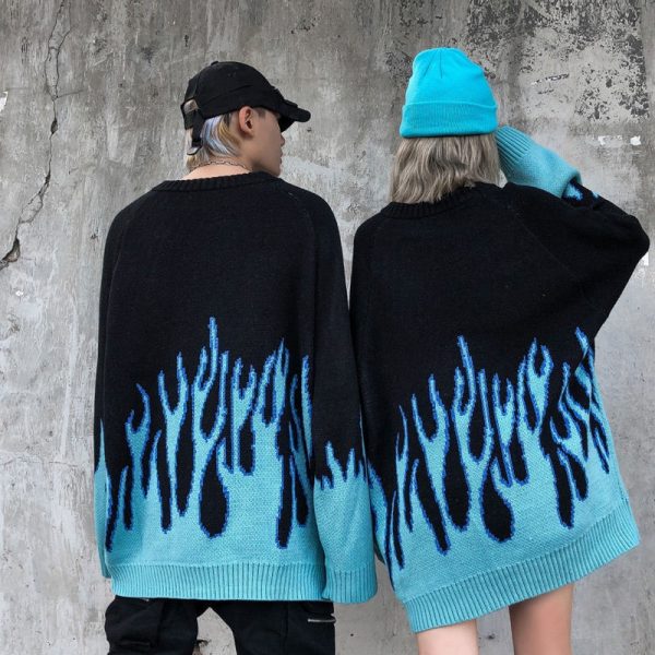 Casual Long Sleeve Blue Flame Oversized Pullover Sweater Loose Boyfriend