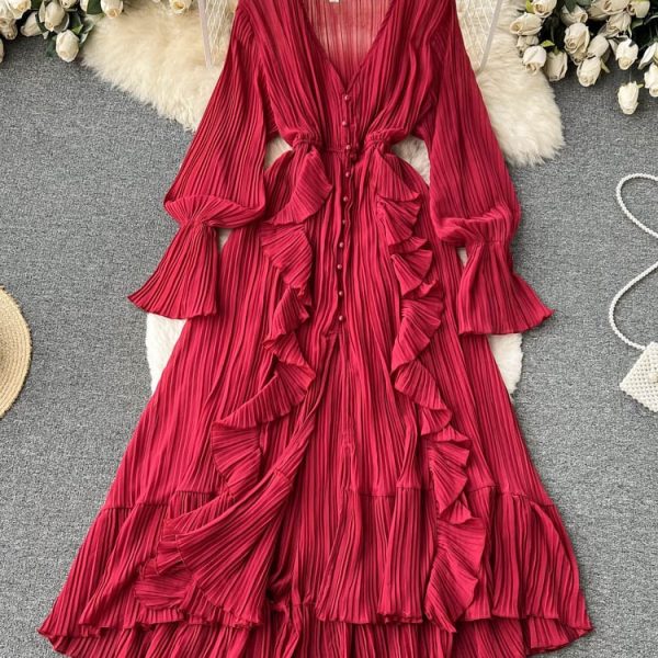 Purple-Brown-Red-Chiffon-Pleated-Long-Dress-Women-Vintage-V-Neck-Flare-Sleeve-Draped-Ruffle-Vestido-1