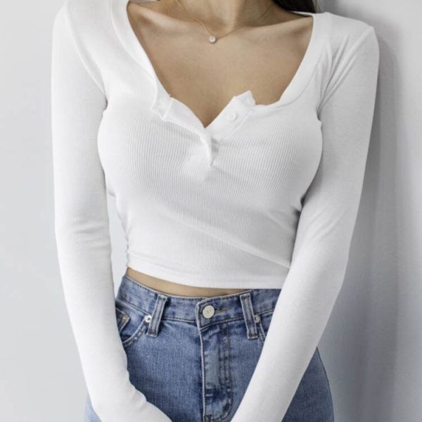 Screw-Thread-Crop-Top-Women-T-Shirt-2022-Spring-Long-Sleeve-Cotton-Tshirt-Korean-Clothes-Slim-1