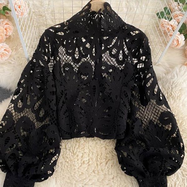 Sexy-Lace-Hollow-Out-Short-Blouse-Casual-Lantern-Long-Sleeve-Stand-Collar-Shirts-Female-Elegant-Red-1