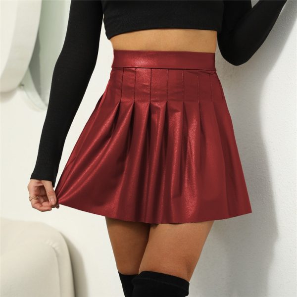 Sexy-PU-Leather-Mini-skirts-Women-High-Waist-Pleated-Latex-A-Line-Circle-Skirt-Rave-Dance