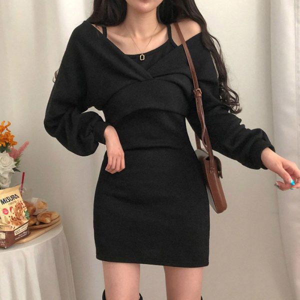 Sexy-Solid-Knitted-Mini-Dress-Women-Two-Piece-Set-Skinny-Dresses-and-Long-Sleeve-Knitted-Cardigan-1