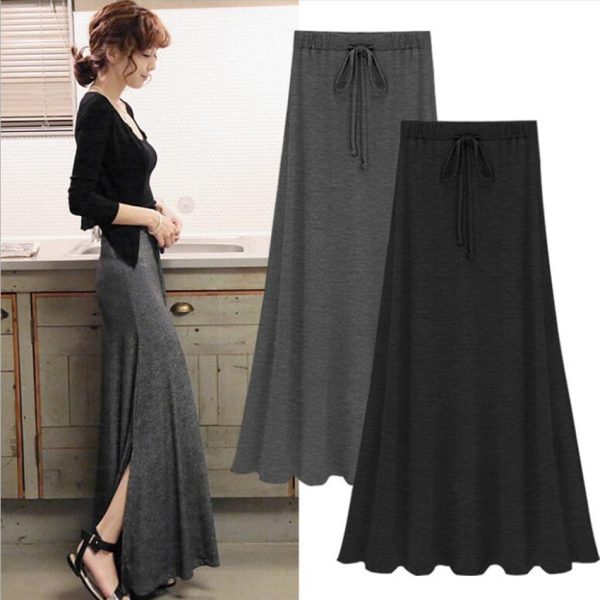 Sexy-Summer-Slit-Side-Skirt-Women-Fashion-Casual-Long-Maxi-Skirt-Stretchy-Solid-Lace-Up-Gray-1