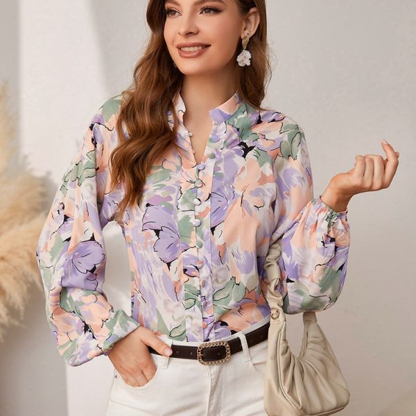 Shopshive Holiday Buttons Lantern Sleeves Printed Shirt 2023 Summer Fashion Outfits Trends