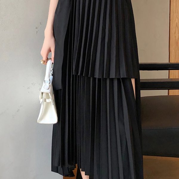 Women Irregular Sashes Mid Calf Pleated Skirt 2023 Spring Summer Outfits