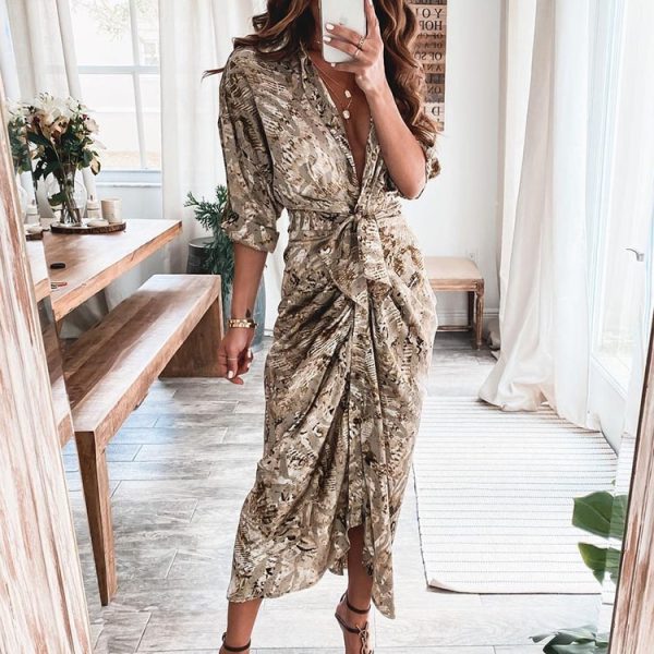 Women Button Rushed Sleeve Printed Dress 2023 Summer Fashion Outfits