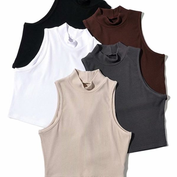 Women Summer Black Women Fashion Crop Top High Neck White Sleeveless Tank Tops 5 Colors