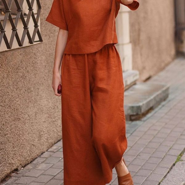 Summer-Two-Piece-Sets-Womens-Outfits-Casual-Linen-Cotton-O-Neck-Tops-Straight-Loose-Pants-Fashion-1