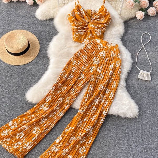 Women Sexy Printed 2 Piece Set Beach Female Strap Tops + Wide Leg Pants 2023 Spring Summer Outfits