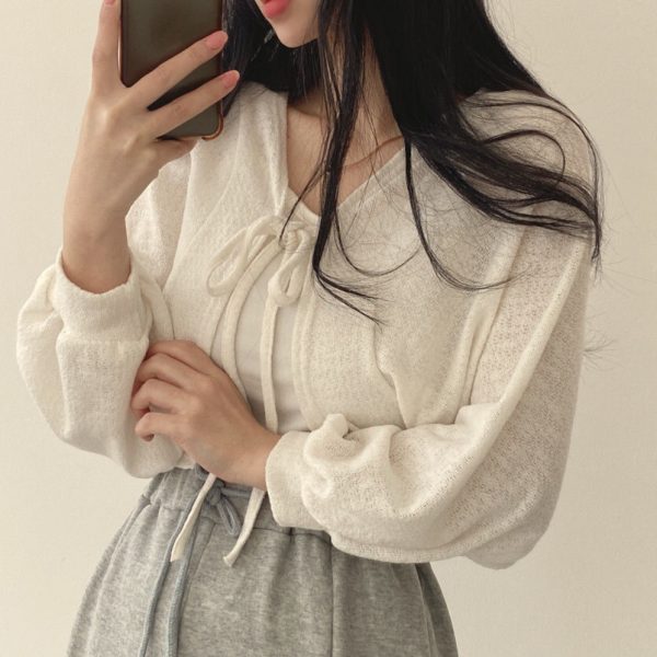 Thin-White-Cardigan-Bandage-Lantern-Sleeve-Short-Coat-Pull-Femme-Knitwear-Top-Girl-Cardigan-Korean-Style-1