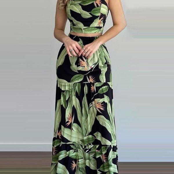 Women Tropical Print Halter Sleeveless Top & Skirt Set