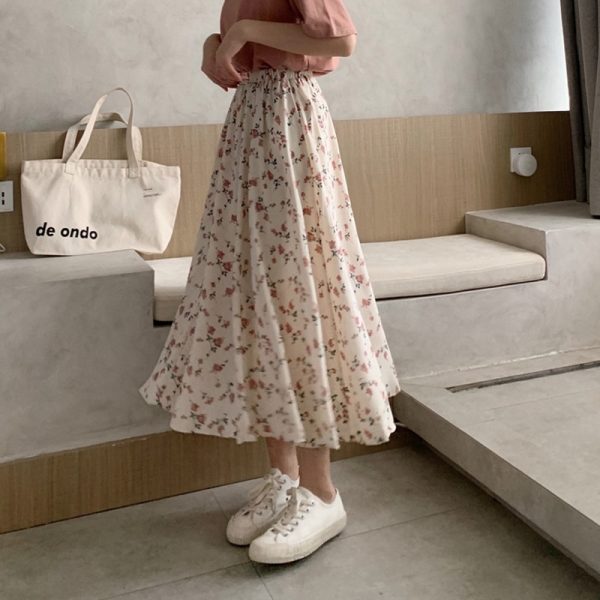 Vintage Floral Print A-line Pleated Long Skirts Summer Women