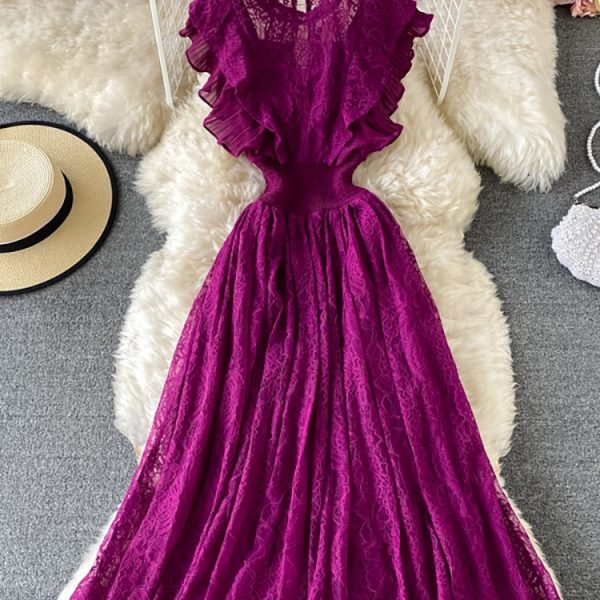 Women Vintage Purple/Green/Red Lace Midi Dress 2023 Spring Summer Outfits