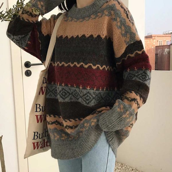 Women Vintage Sweaters Pullover Winter Striped Jumpers Korean Style